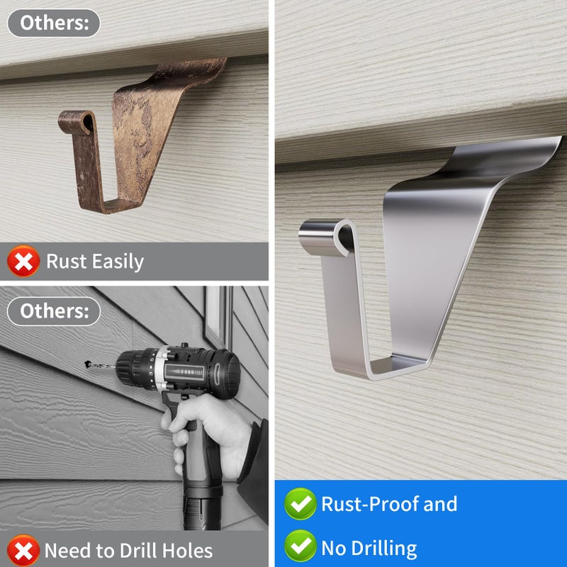 Amuille 20 Pack Vinyl Siding Hooks, No Hole Siding Hanging Hangers, Heavy-Duty Stainless Steel Vinyl Siding Hanger, Reusable Siding Clips for Hanging Holiday Decorations, Plaques, String Light - Image 2